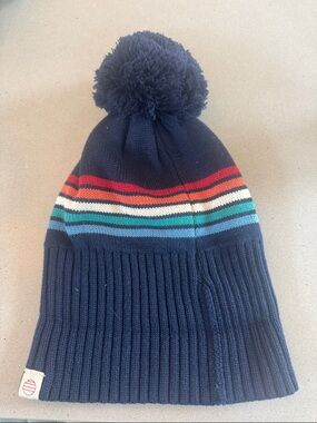 Marine Layer Navy Pom Beanie with Rainbow Stripe Accents NWOT